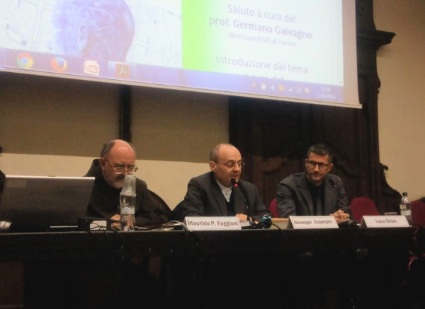 Da sinistra i professori M.P. Faggioni, Giuseppe Zeppegno e Luca Grion, Giornata di Studio ISSR, Facoltà Teologica di Torino, 12 aprile 2018
